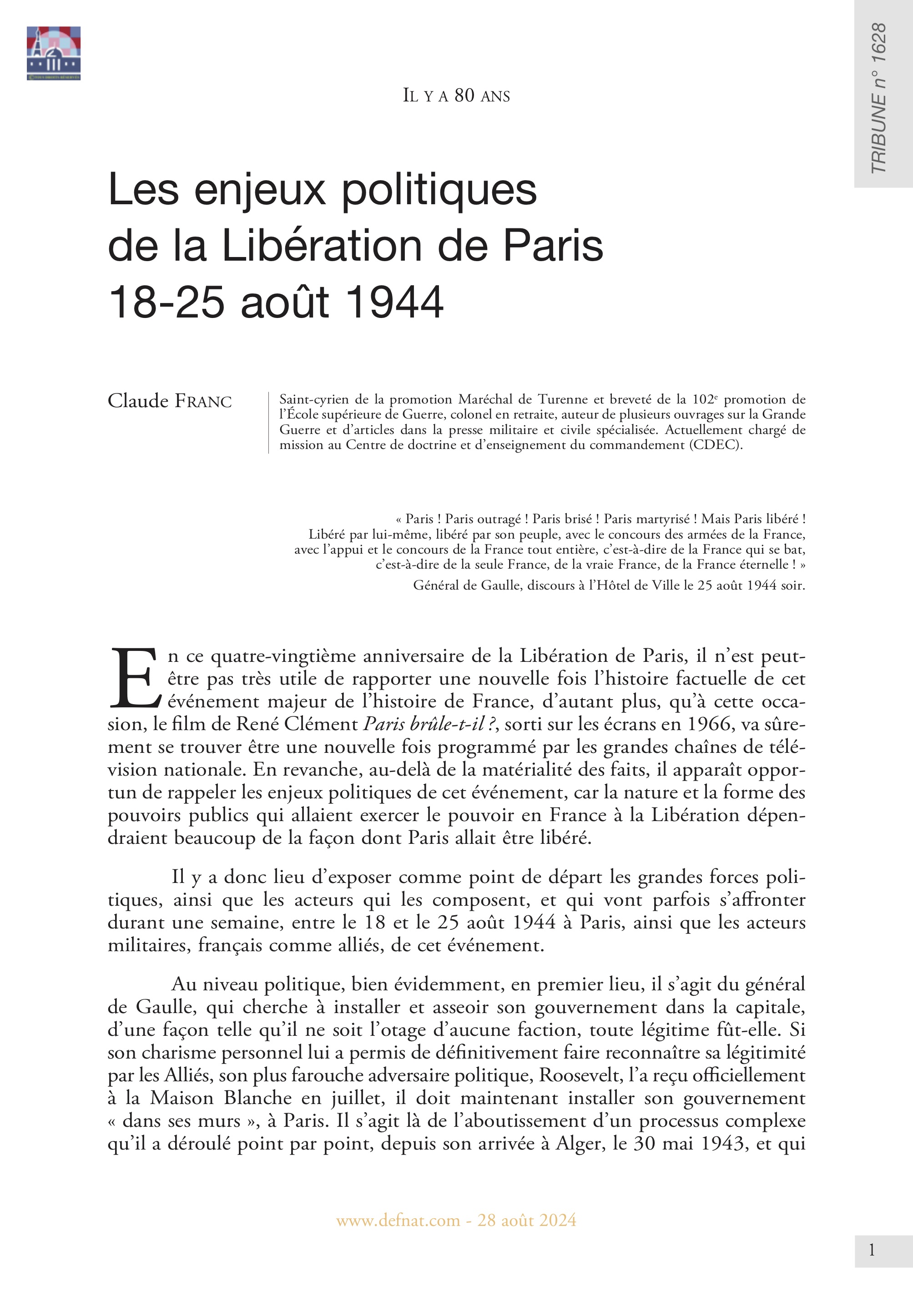 Il y a 80 ans – Les enjeux politiques de la Libération de Paris – 18-25 août 1944 (T 1628)
